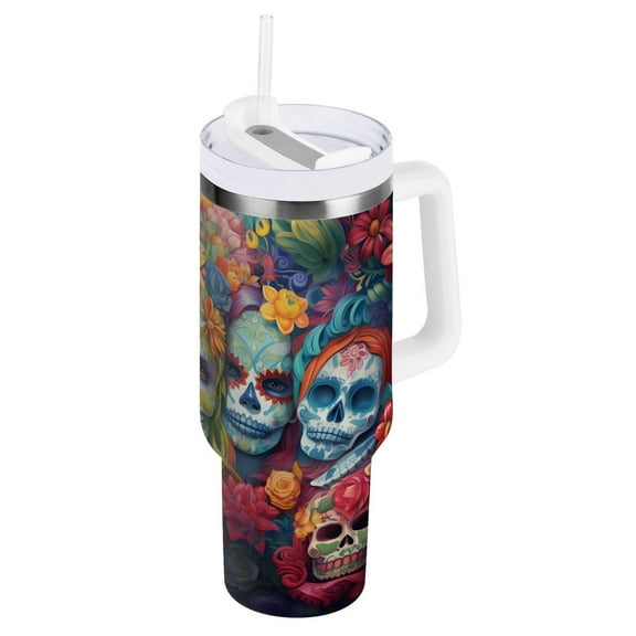 JSTEL Sugar Skulls Day Of Dead 40 oz Tumbler Stainless Steel Water Bottle Vacuum Insulated Cup with Straw Lid & Handle For Travel Car Cup Holder