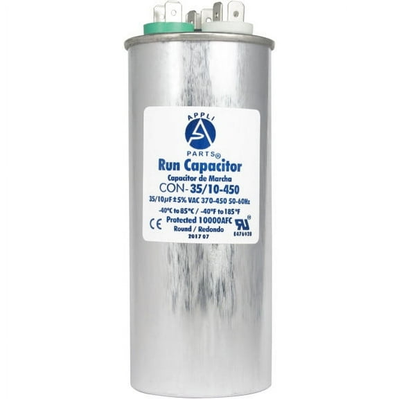 Appli Parts Dual Run Capacitor for ac 35 10 Mfd uF (microfarads) 370VAC or 450VAC Round Universal fit for hvac and other applications 5-1/4 in High 2 in Wide CON-35/10-450