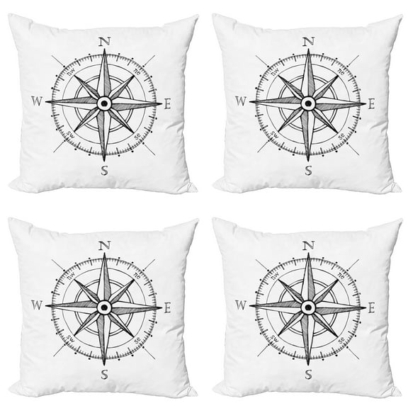 Ambesonne Compass Throw Pillow Cover 4 Pack, Windrose Directions, 24", Black White