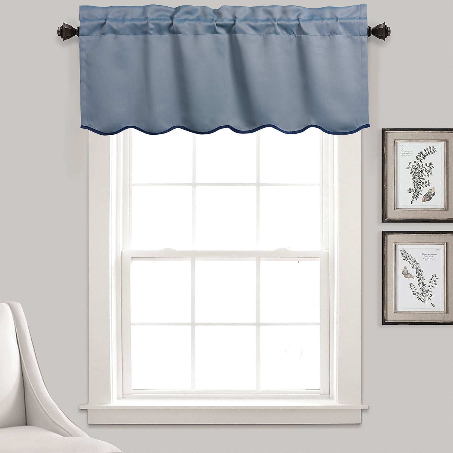 HIG 2 Panels Blackout Window Treatment Valances, 52"W x 18"L Color-Block Scalloped Valances, Decorative Rod Pocket Short Curtain Panel for Kitchen, Window, Bathroom, Blue