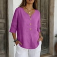 thumbnail image 5 of Linen Shirts for Women Summer Tops Button Down V Neck 3/4 Sleeve Boho Cotton Blouses Casual Loose Basic Solid Tunic Tops Purple 2XL, 5 of 7