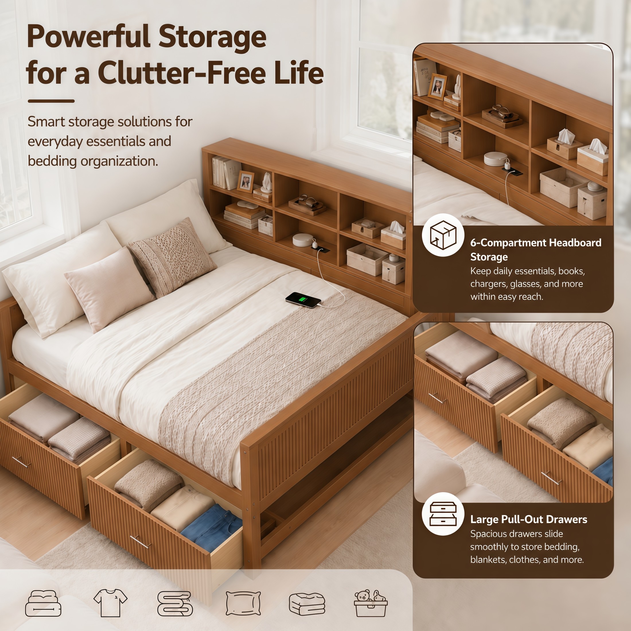 GDF Studio Josha Full-Size Wooden Daybed with Bookcase Headboard, Storage Drawers & Built-In Charging Station, Walnut