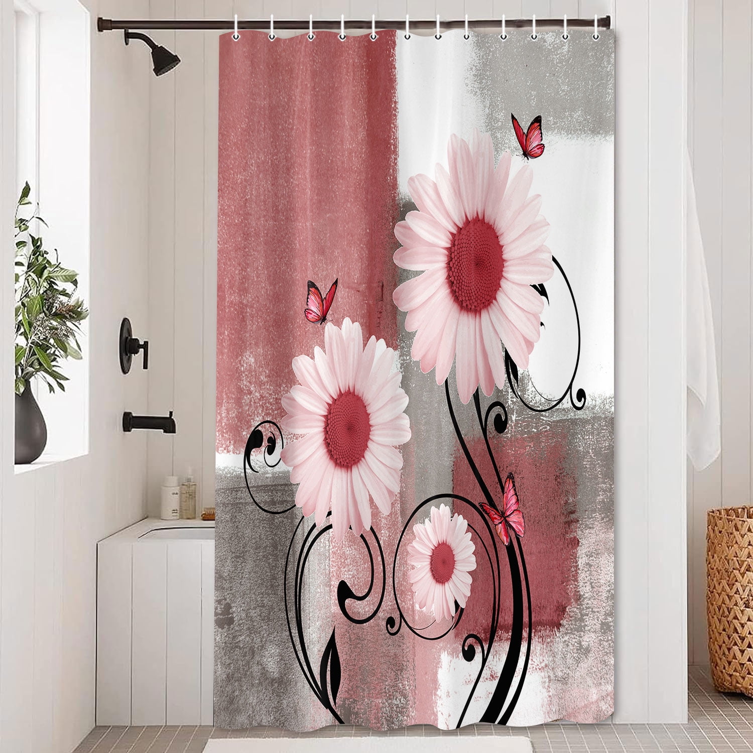Rustic Farmhouse Shower Curtain Set | Red & Pink Daisy Floral with Butterflies, Waterproof Fabric & 12 Hooks, 60x70 Inches