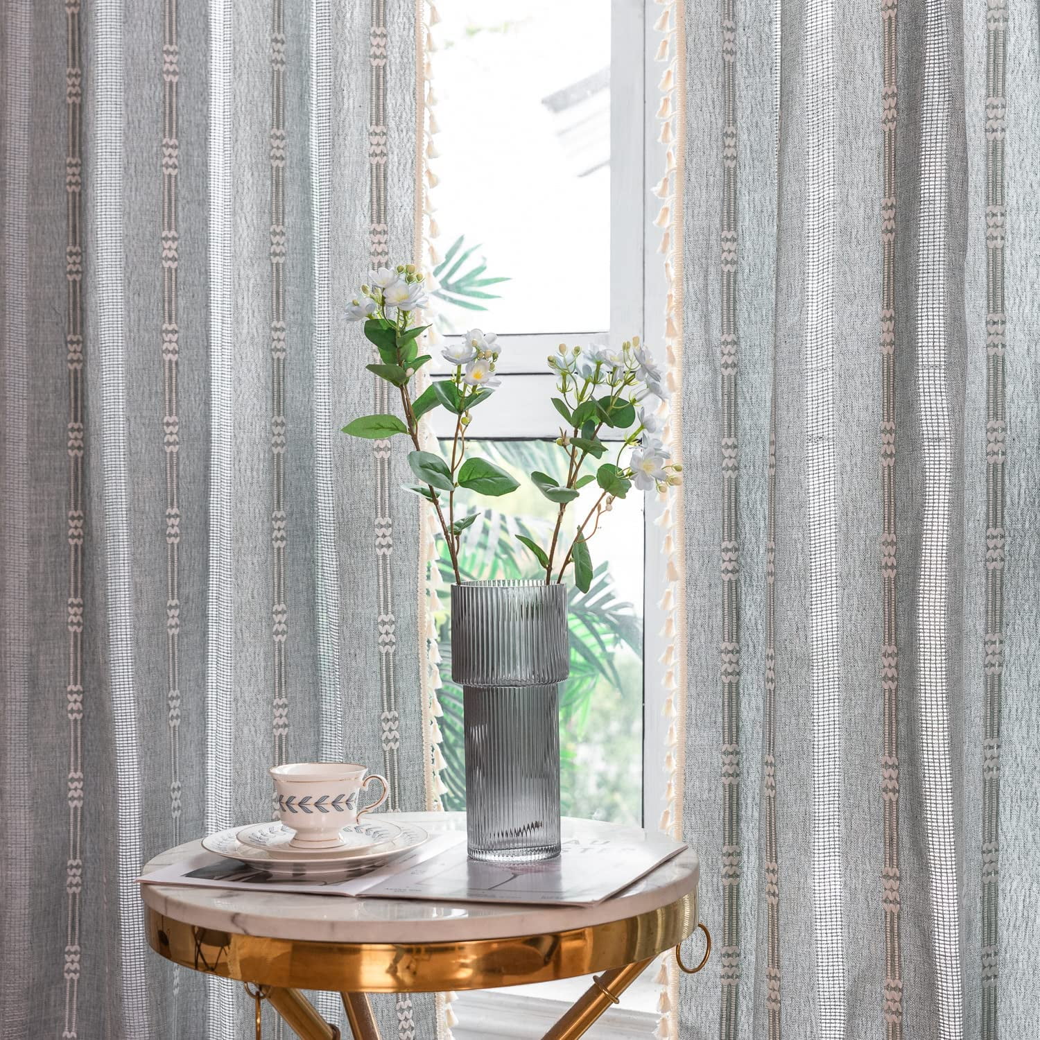NixiYa Boho Curtains for Bedroom Gray vintage curtains Living room 52" W x 84" L