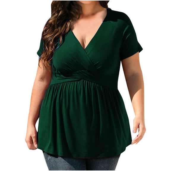 QUNYINEY Solid Shirts for Women Short Sleeve V Neck Casual Tops Loose Pleated Plus Size Pullover Tops for Women