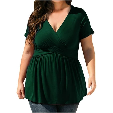 Mittory Women Plus Size Top Short Sleeve Wrap Lace Dressy Shirt Sexy Low Cut Babydoll Blouses