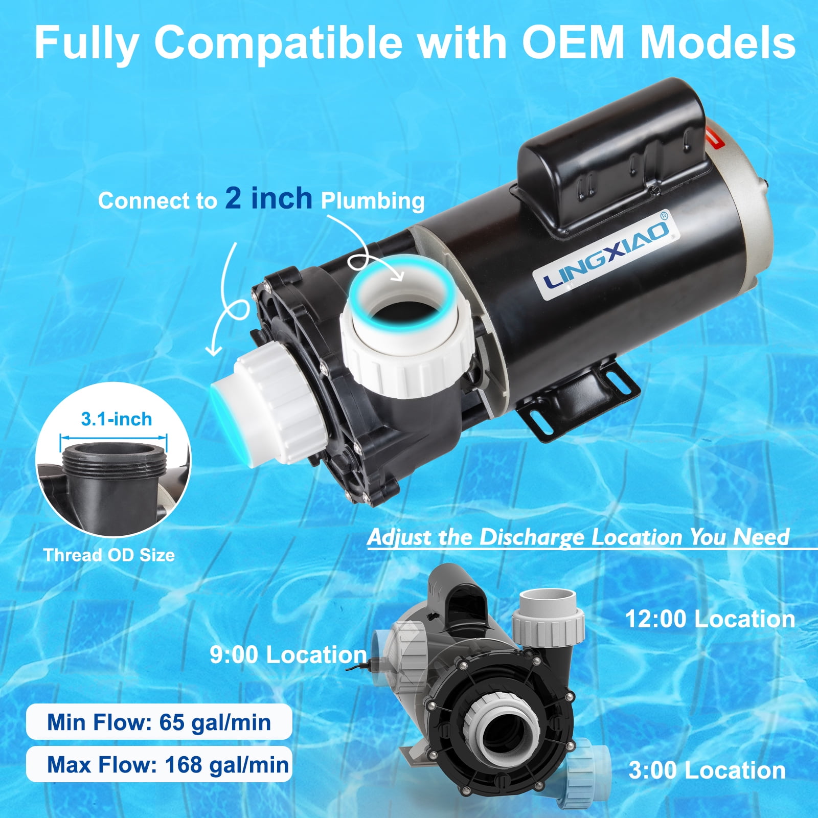 LINGXIAO 2 Speed SPA Pump, 2HP Hot Tub Pumps,  230V LX SPA Pump Motor, 2" Port, 56 Frame (Model: 56WUA200-II)