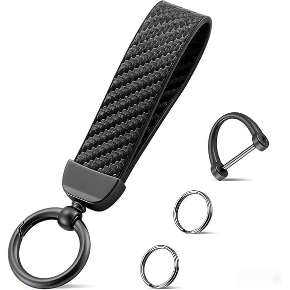 Leather Keychain, Carbon Fiber Car Key Chain with Anti-Lost D-Ring and 2 Key Ring, Car Accessories, Universal Keychain for Men and Women (Black)