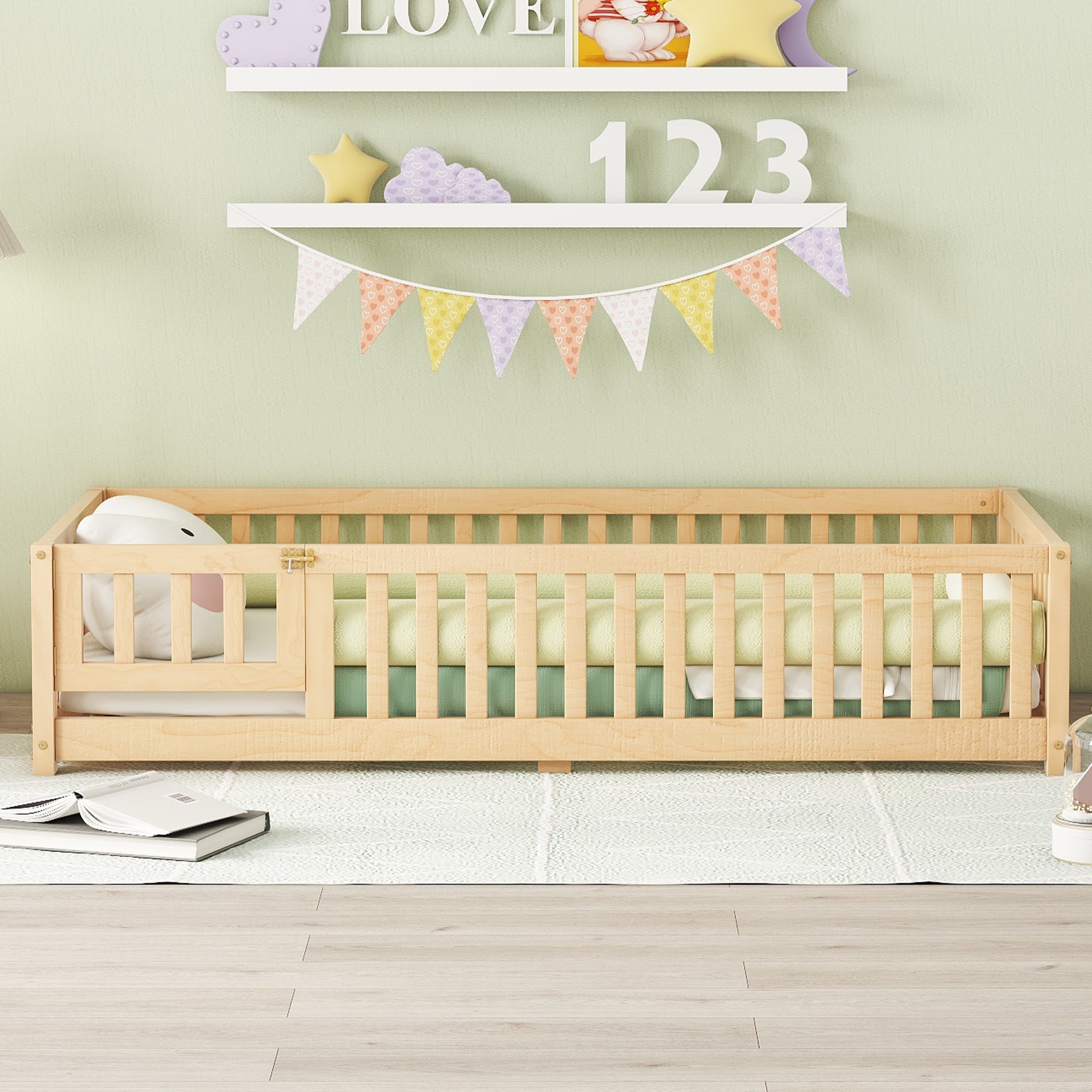 Twin Floor Bed, Wood Twin Size Montessori Bed with Rails, Twin Bed Frame with Slats, No Box Spring Needed,Natural