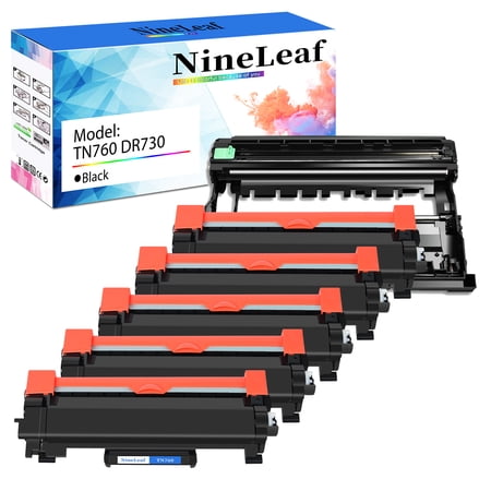 NineLeaf TN760 DR730 set Compatible Toner Cartridge and Drum Unit Replacement for Brother TN-760 TN730 DR-730 use for MFC-L2710DW MFC-L2750DW HL-L2350DW HL-L2370DW Laser Printer (5 Toner,1 Drum)