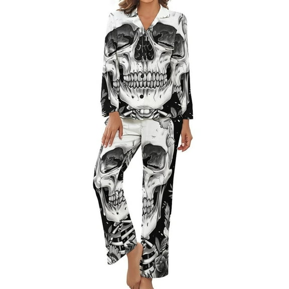 PoBuds Women's Long Sleeve Flannel Pajama Set Sleepwear Skull Flowers Illustration XL