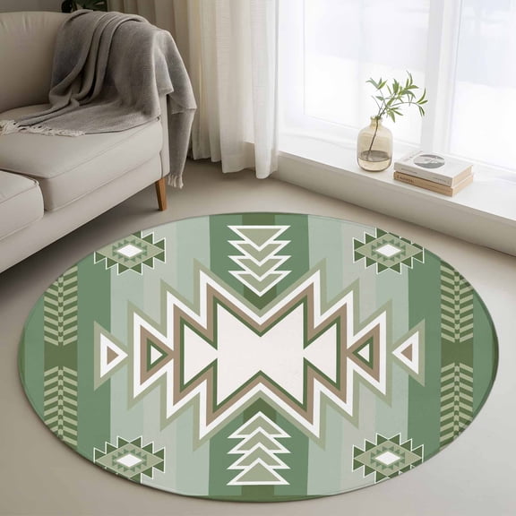 Round Area Rug 3 Ft, Sage Green Boho Washable Non-Slip Circle Carpet for Living Room/Bedroom, American Native Southwest Abstract Art Low-Profile Small Floor Mats Collection Rugs for Indoor