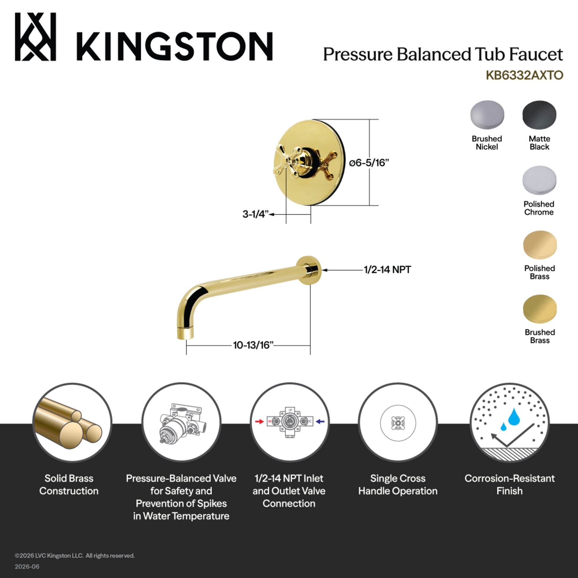 Kingston Brass KB6337AXTO Restoration Single-Handle Pressure Balanced Tub Faucet in Brushed Brass