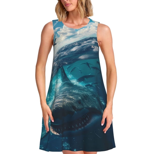 Fotbe Airplane Shark Vestido de Verano sin Mangas para Mujer – Vestido Midi Línea A, Estilo Camiseta Floral, Vestido Playero Casual y Fluido