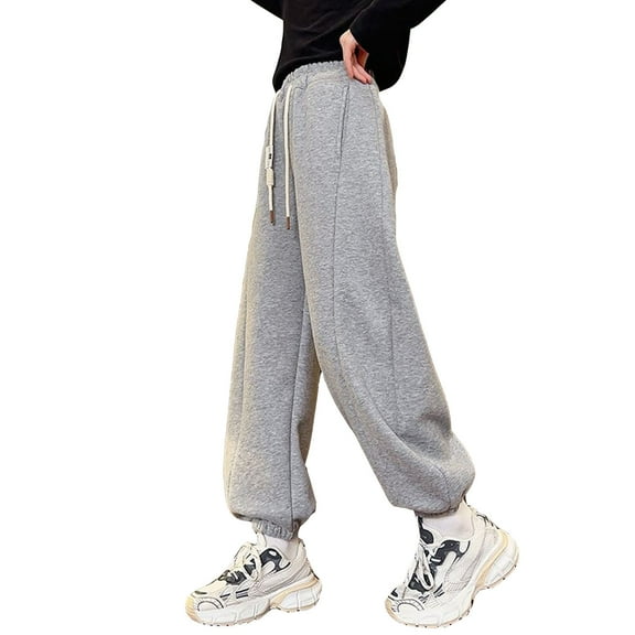 LIIPEE Girl Boy Sweatpants Solid Color Baggy Elastic Waist Drawstring Wide Leg Joggers Trousers With Pockets Boys Classic Birthday Pants,Light Gray,11-12 Years