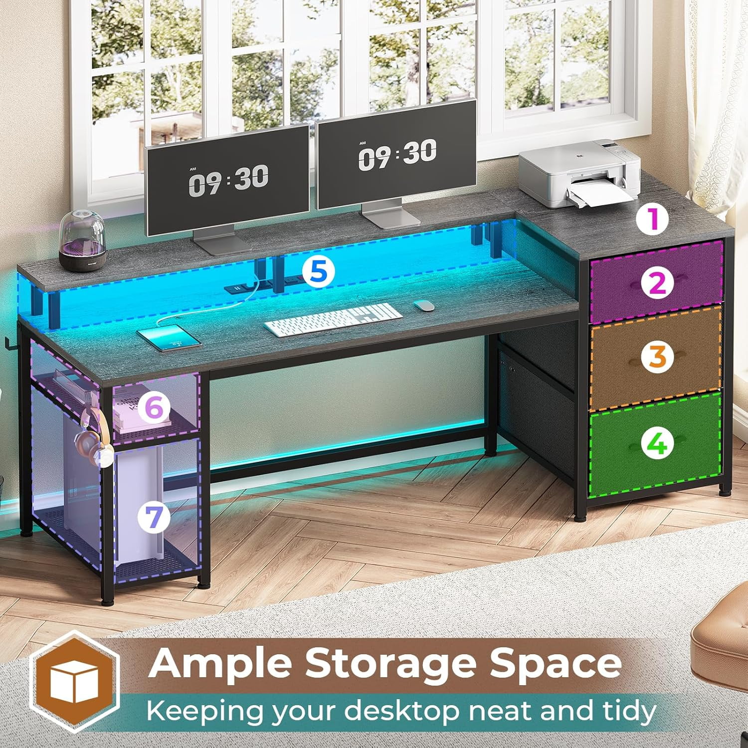 59" Office Desk with Drawers, Reversible Computer Desk with File Drawers & Storage, Gaming Desk with LED Lights & Power Outlet, Home Office Desks for Printer, Grey