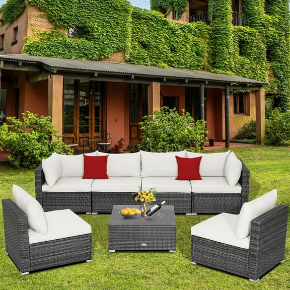 Gymax 7PCS Patio Rattan Sectional Sofa Set Outdoor Furniture Set w/ Off White Cushions