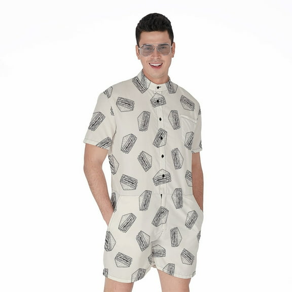 Grey Doodle Sandwich Pattern Short Sleeve Men'S Rompers Casual Summer Jumpsuits Outfit