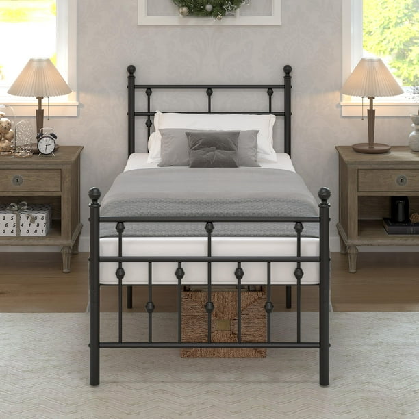Yoneston Twin Size Metal Platform Bed Frame with Retro Headboard