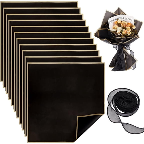 22x21 Inch Flower Wrapping Paper 30 Sheet Florist Bouquet Supplies Black Waterproof Wrapping Paper Flower Decoration Lace Ribbon DIY