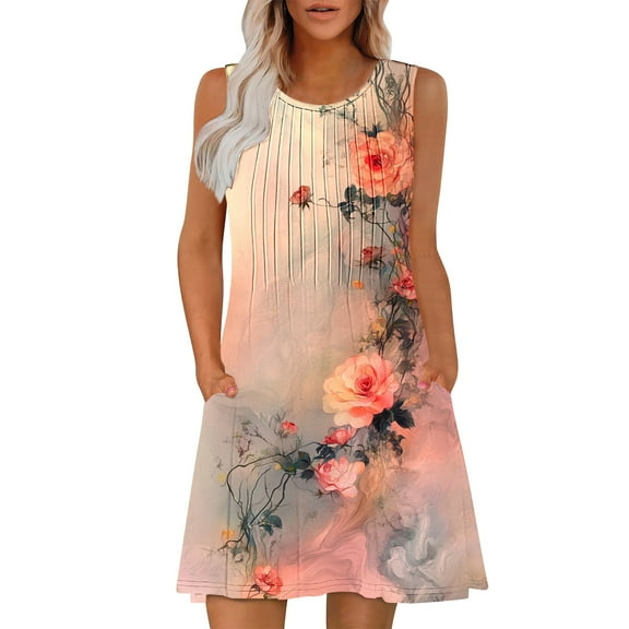 JSheng Summer Dress for Women 2025 Plus Size Sleeveless Round Neck Elegant Printed Loose Casual Vacation Dress Multicolor XXL