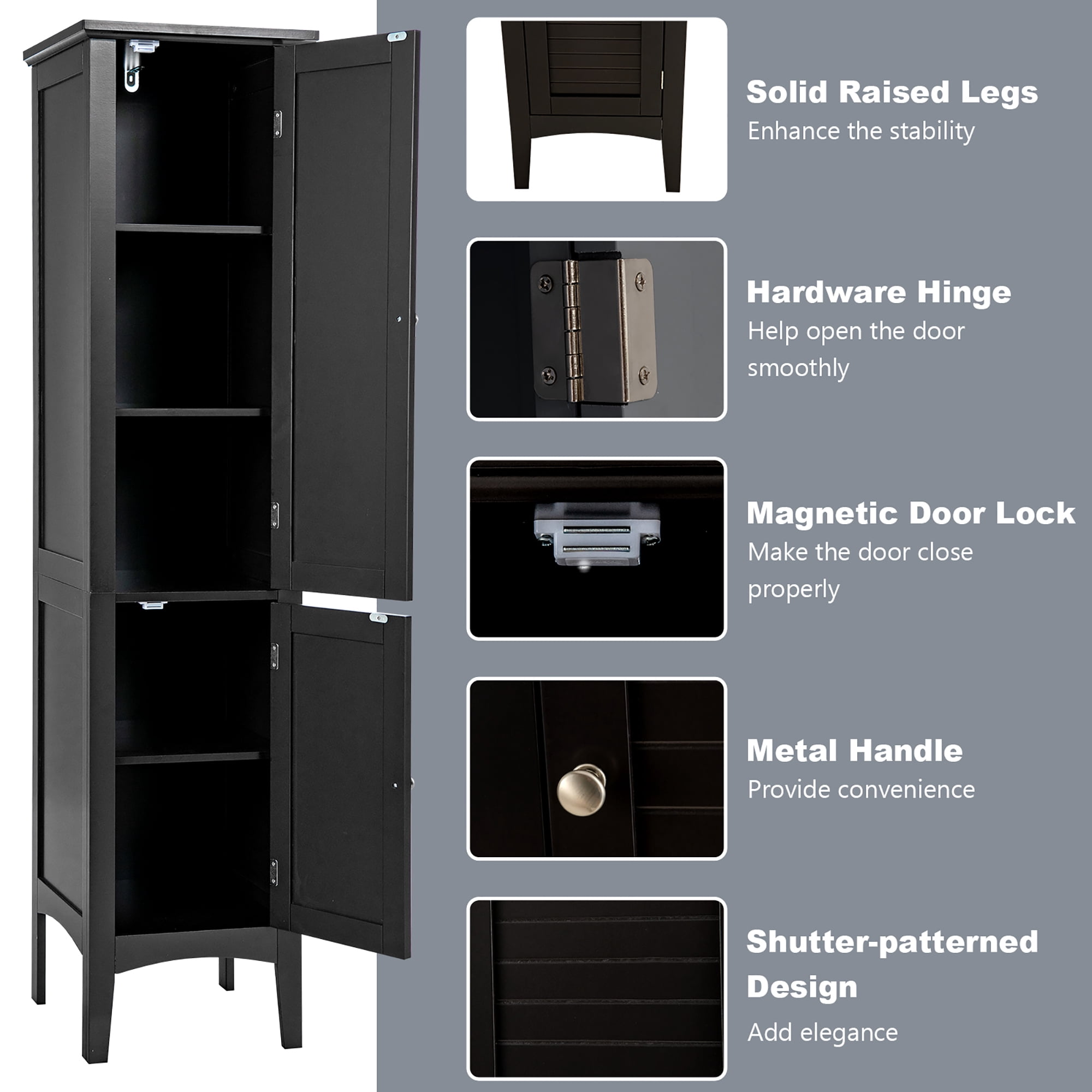 Costway Freestanding Bathroom Storage Cabinet Linen Tower Kitchen Living Room Black
