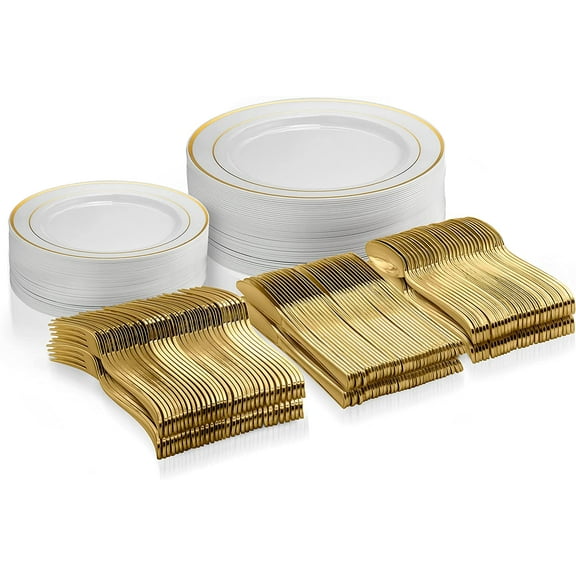 125 Piece Gold Dinnerware Party Set - 50 Gold Rim Plastic Plates, 25 Dinner 25 Dessert Plates, 75 Gold Silverware, 25 Knives, 25 Forks, 25 Spoons - 25 Guest Disposable Set for Wedding Birthday Parties