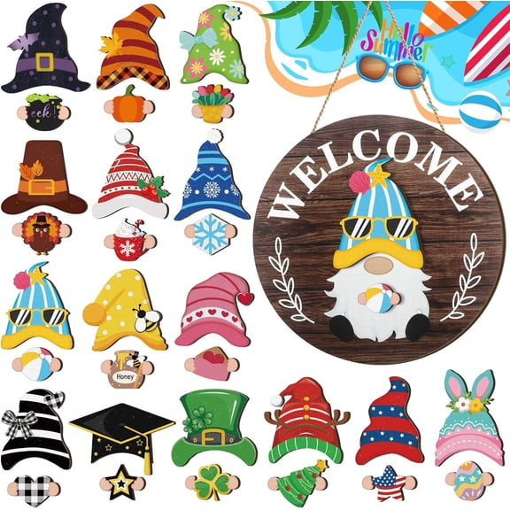 EnjinZZ Interchangeable Wooden Gnome Decor Holiday Seasonal Gnome Decorations with Magnet Pieces and Detachable Hats Changeable Welcome Sign for Home(Attractive Style)