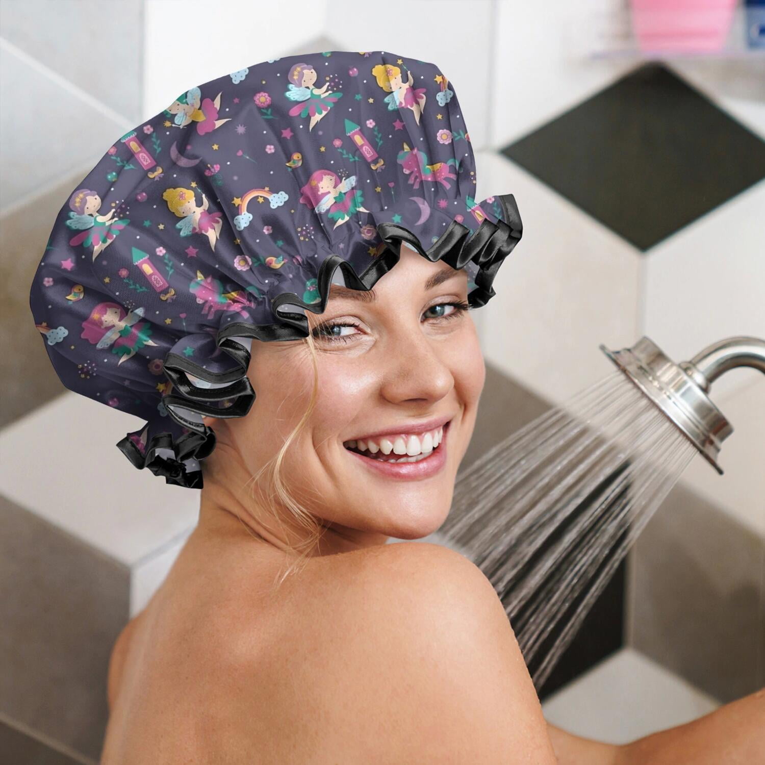 Shower Caps,Fairy Princess Magic Pattern Waterproof Shower Cap for Women 4 Pieces,Double Reusable Hair Cover for Shower PEVA Elastic Stretch Hem