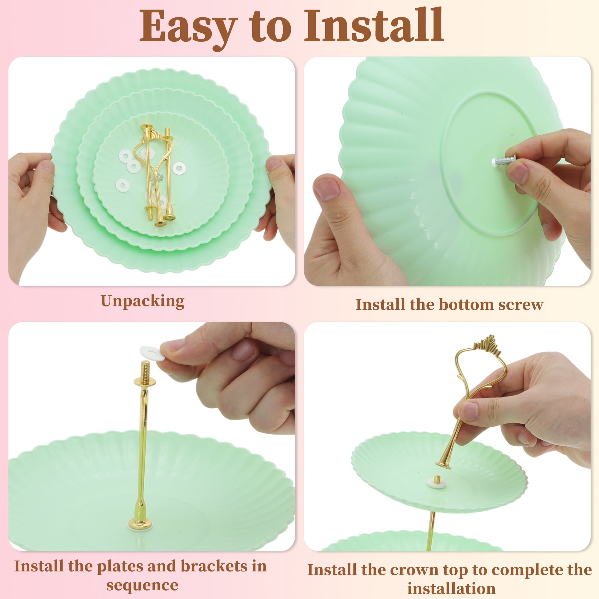 Unique Bargains 3 Tier Dessert Cupcake Stand Holder Wave Style Green Gold Tone