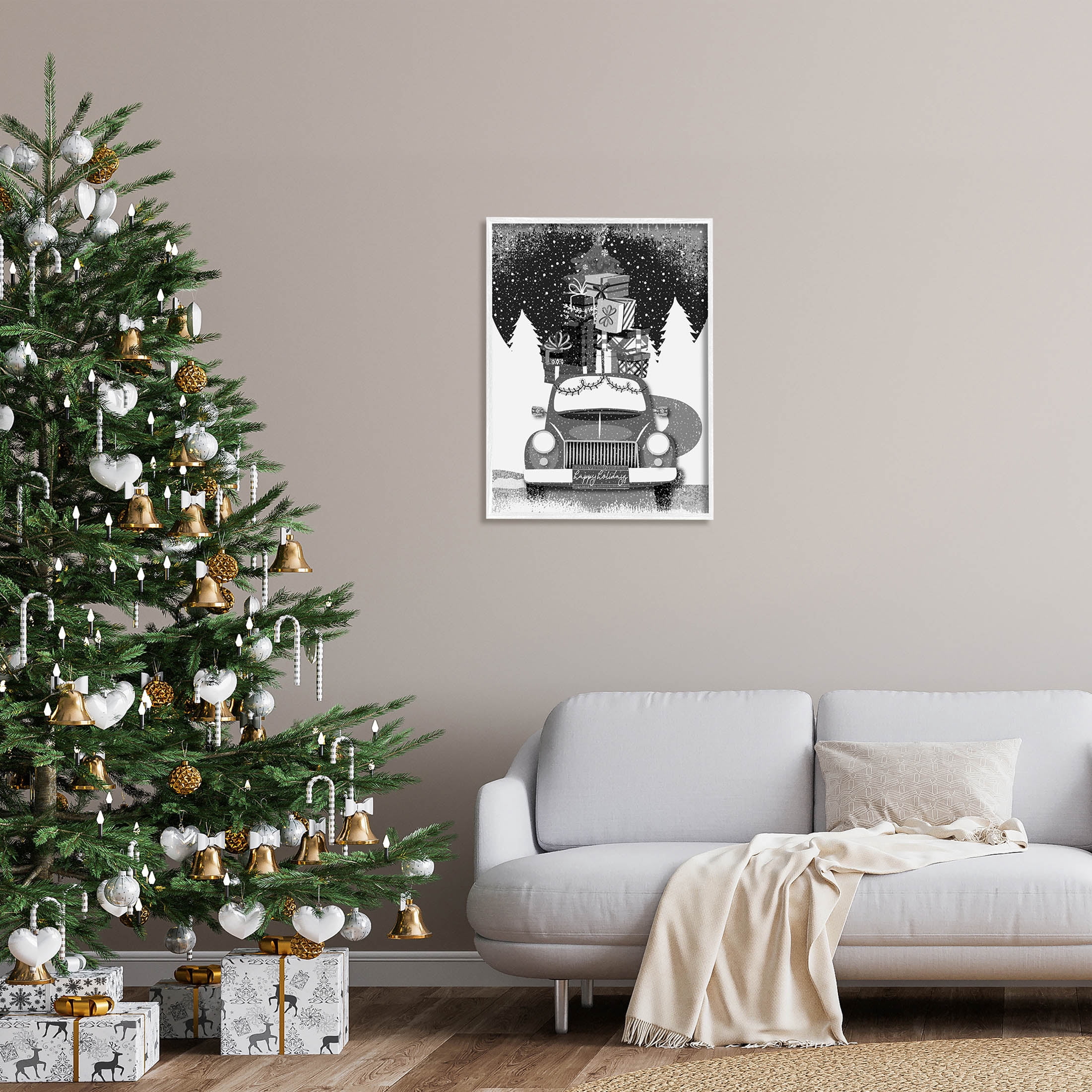 Stupell Industries Happy Holidays Gifts Car Graphic Art White Framed Art Print Wall Art, Design by Andrea Jasid Grassi