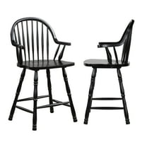 Sunset Trading 24" Windsor Wood Barstools with Arms in Antique Black (Set of 2)