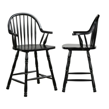Sunset Trading 24" Windsor Wood Barstools with Arms in Antique Black (Set of 2)