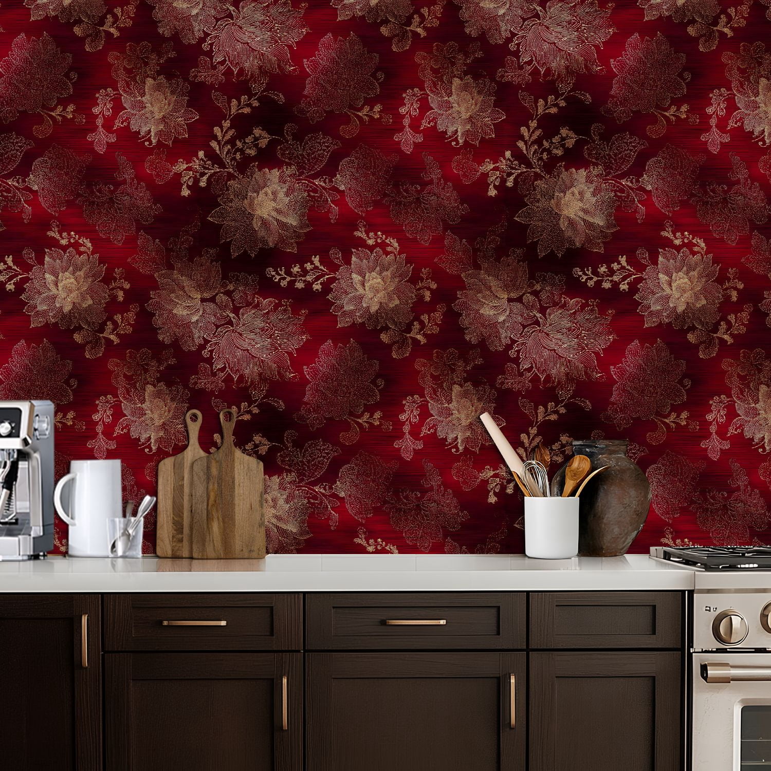 Vintage Peel and Stick Wallpaper Elegant Gold Floral Red Intricate Detailing Wall Mural 17.7in x 9.8ft Self Adhesive Removable Wall Paper Renter Friendly Wallpaper for Bedroom Livingroom Office