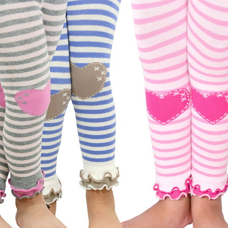 TeeHee Kids Girls Leggings with Ruffle Bottom 3 Pair Pack (Stripe with Heart)
