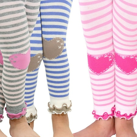 TeeHee Kids Girls Leggings with Ruffle Bottom 3 Pair Pack (Stripe with