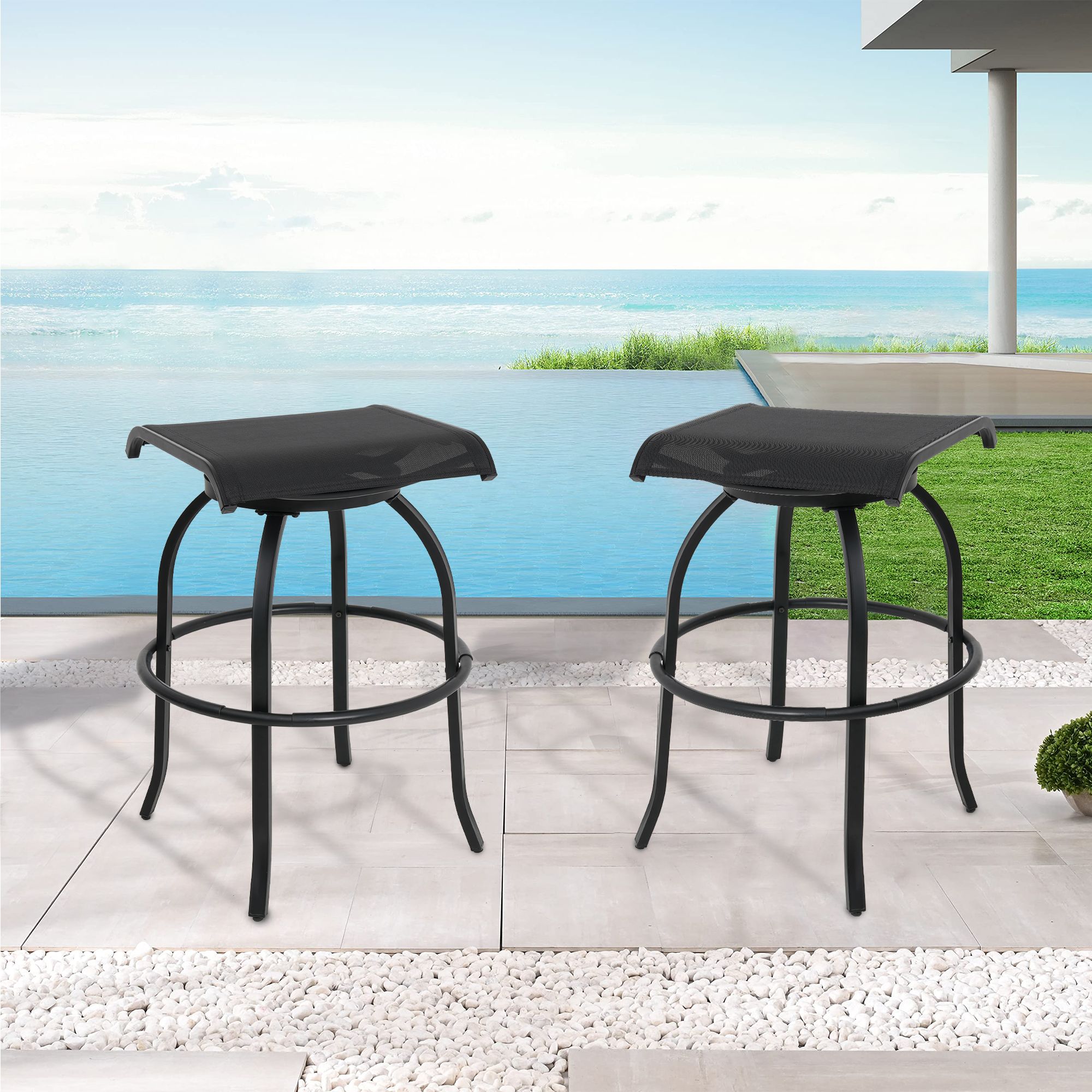 Bar Stools 32'' Bar Height Outdoor Swivel Metal Seat Set of 2 Chairs