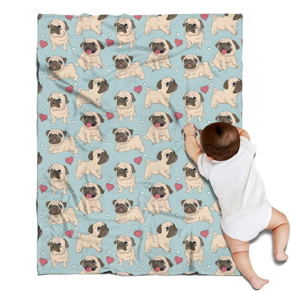 Pug and Love Heart Blanket,Comfortable Soft Flannel Throw Blanket,All Season,Warm Lightweight Blankets for Sofa Bed Couch Living Room Chair,30"x40"