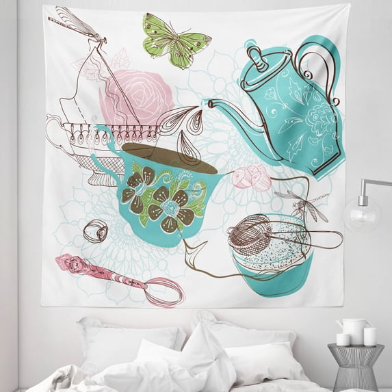 Tea Tapestry, Rose Flowers Teapot Butterfly Dragonfly Nuts Kitchen Cake Doodle Art Print, Fabric Wall Hanging Decor for Bedroom Living Room Dorm, 5 Sizes, Multicolor, by Ambesonne