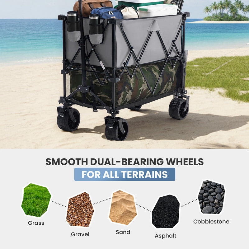 Gianna Folding Double Decker Wagon with Brakes, 54" Extra Long Extended Cart, Equipped with 7" All-Terrain Big Wheels for Camping, Sports，Gray