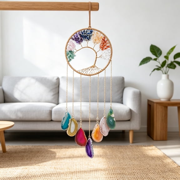 Handcrafted Tree of Life Dream Catcher, Natural Mixed Color Crystal Chips & Agate Slice Wall Hanging, Boho Home Decor, Bedroom Wall Art, Window Ornament Gift