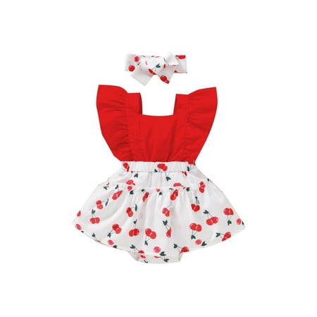 

Bagilaanoe Newborn Baby Girl Rompers Dress Cherry Print Fly Sleeve Bodysuit + Headband 3M 6M 9M 12M 18M Infant One Piece Jumpsuit