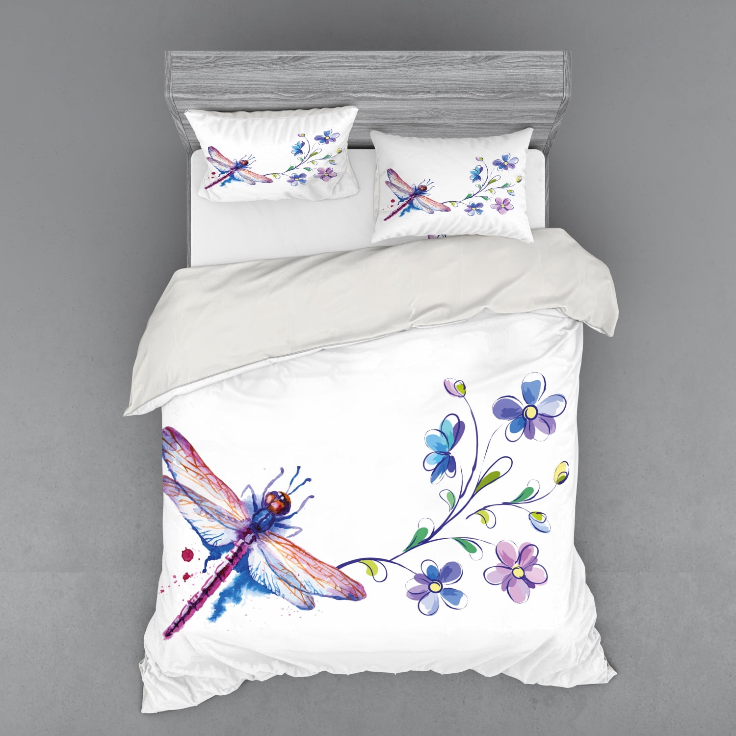 Dragonfly Duvet Cover Set, Watercolor Bug Butterfly Like Moth Branch