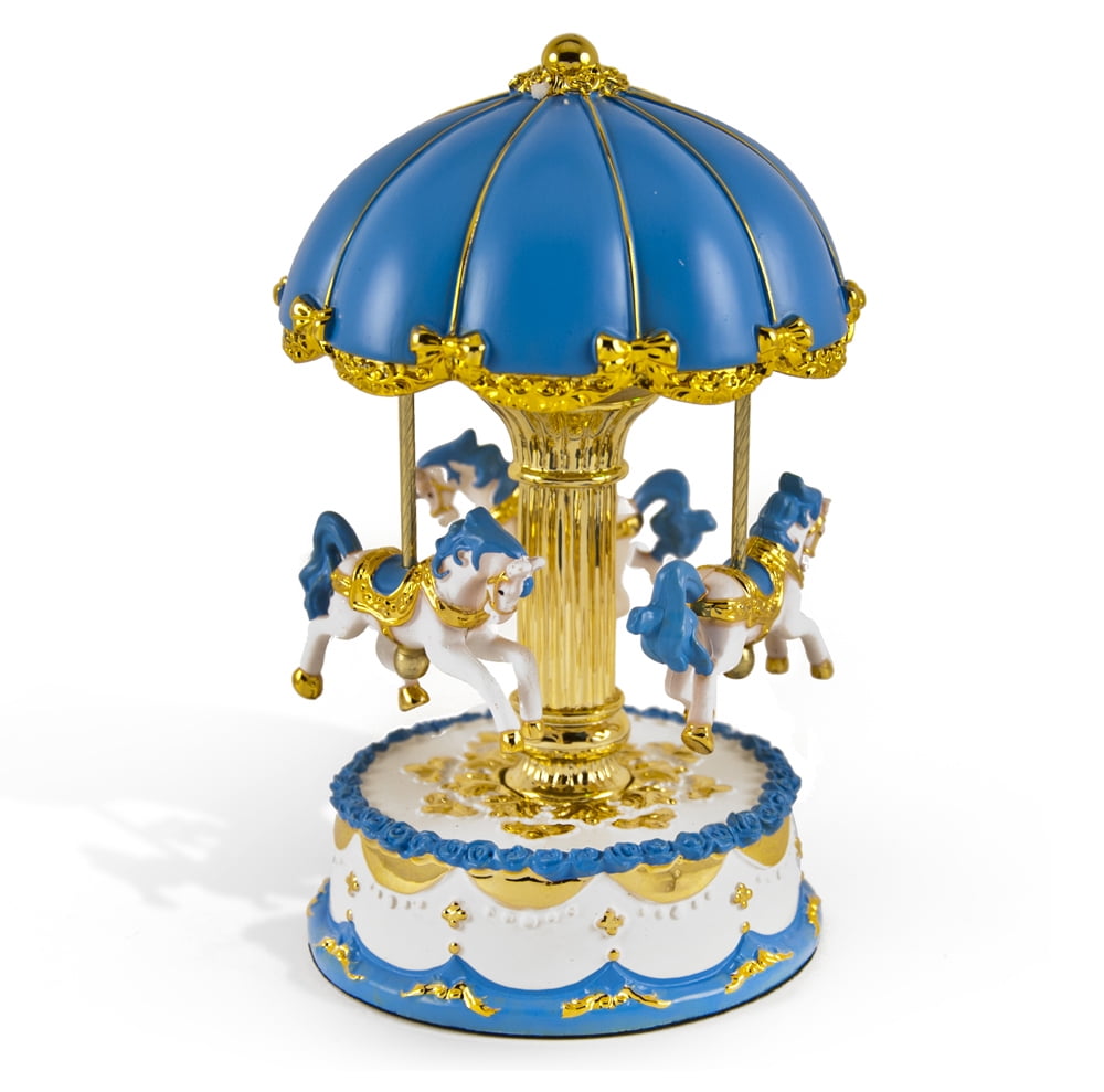 Dazzling Blue Canopy with Gold Accents Animated Musical Carousel