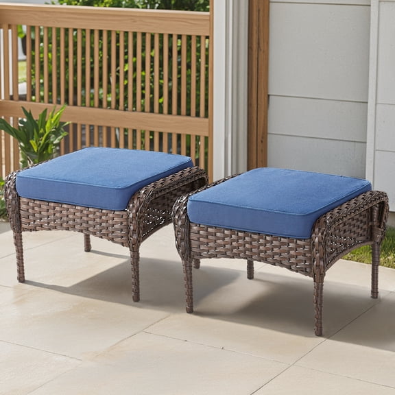 Outdoor PE Wicker Ottomans Set of 2, Patio Brown Rattan Footrests with Blue Cushion for Backyard or Deck