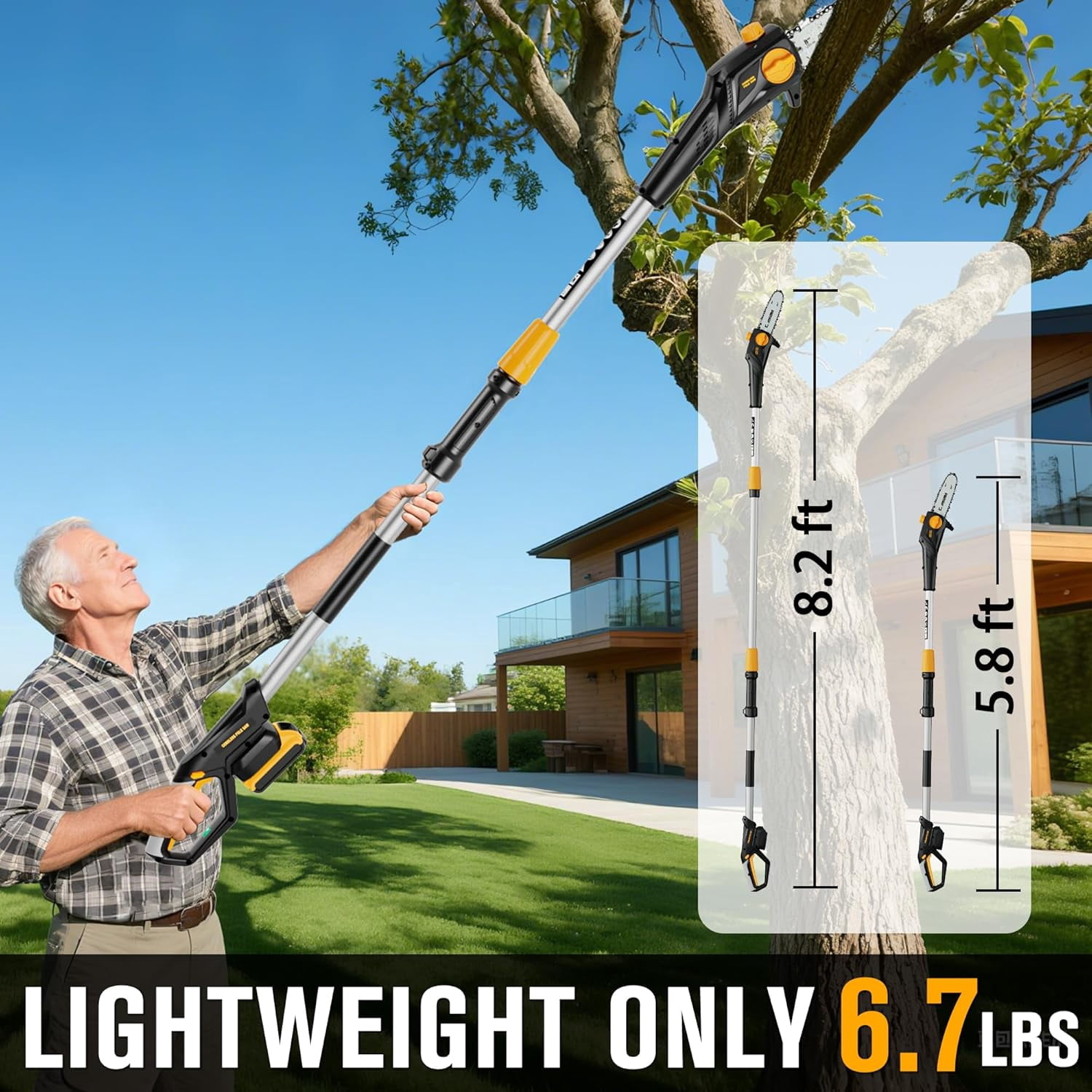 Cordless Pole Saw Compatible with Dewalt 20V Max Battery 8 inch Electric Pole Saws for Tree Trimming Battery Powered, Extension up to14.2 feet Pole Chainsaw (Battery not Included)