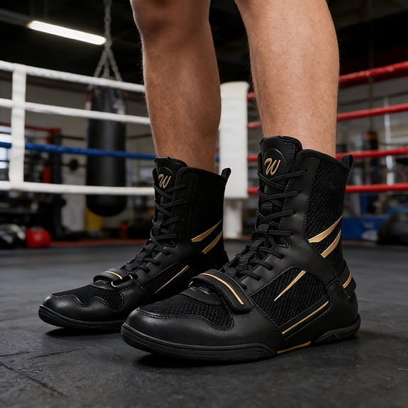[Sneakers] 1 Pair of Solid Color Professional Men'S High-Top Boxing Shoes, Non-Slip, Comfortable, Durable, Breathable Boxing Training Shoes, Wear-Resistant Competition Arena Fighting Shoes