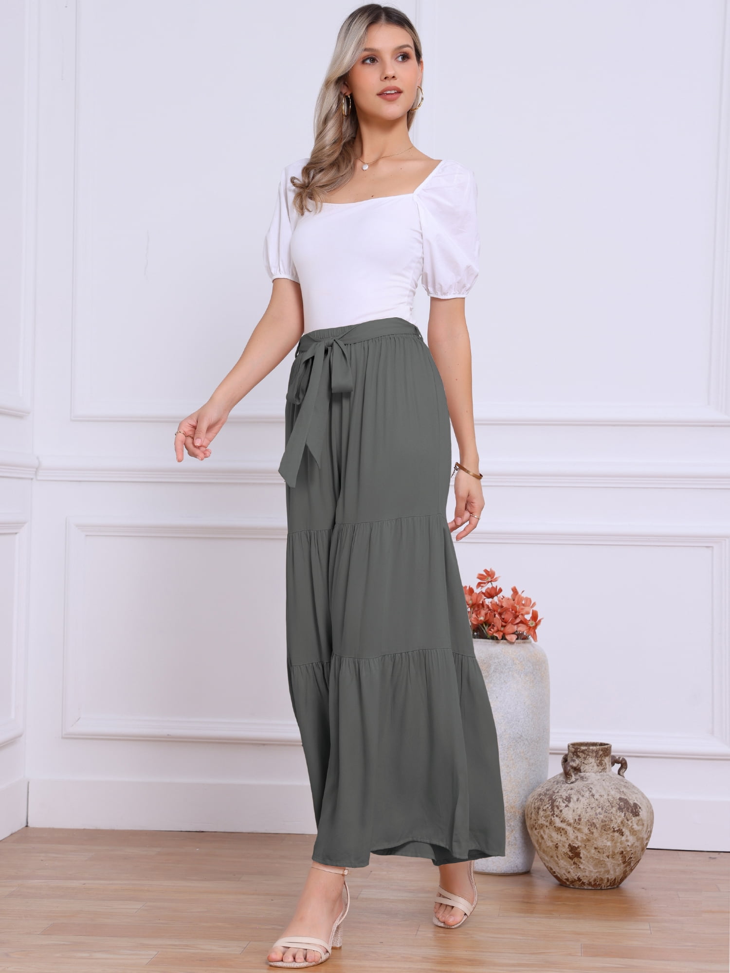 DARING DIVA Women's Boho Elastic High Tie Belt Ruffle Hem Palazzo Pants M Grey