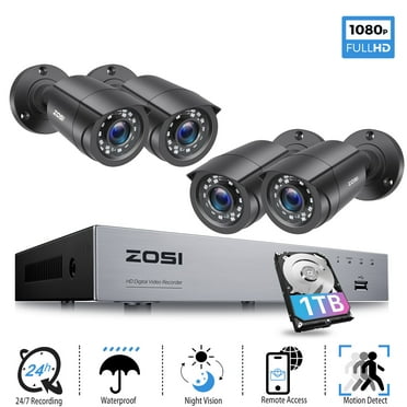 5MP Lite Security Camera System, ZOSI H.265  8CH DVR, 4pcs CCTV 1080P Security Camera Indoor Outdoor Use, IP66 Weatherproof 80ft Night Vision 1TB Hard Drive for 24/7 Recording