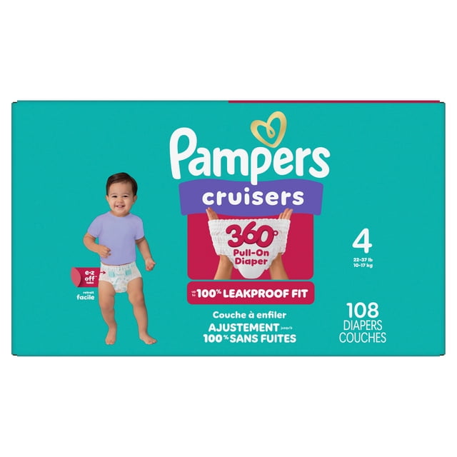 Pampers Diapers - Cruisers 360° - Size 4, up to 100% Leakproof Fit, Designed for Active Babies, Pull On Diaper, EZ Off Tabs Designed for Easy Changes